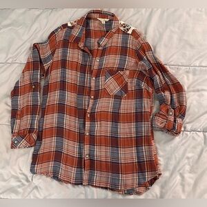 Plaid Button-Up Shirt with Lace Detail